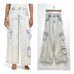 Blank NYC Wide Leg Baggy Cargo Pocket Jeans Light Acid Wash Distressed - Size 26